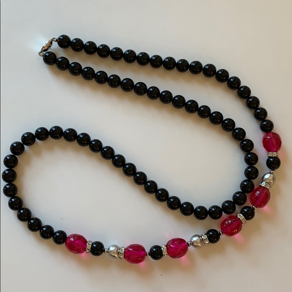 Vintage Monet black fuchsia & Grey long necklace